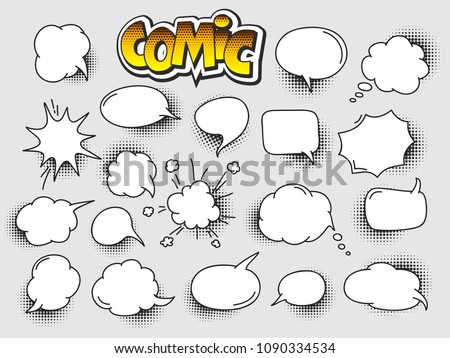 Set of Cartoon,Comic Speech Bubbles, Empty Dialog Clouds with Halftone Dot Background in Pop Art Style. Vector Illustration for Comics Book , Social Media Banners, Promotional Material