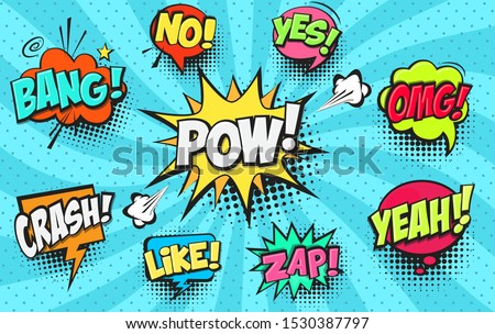 Collection of Cartoon, Comic Speech Bubbles. Colored Dialog Clouds with Halftone Dot Background in Pop Art Style