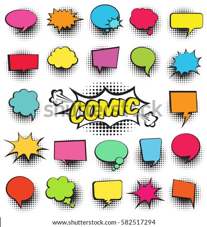 Big Set of Cartoon,Comic Speech Bubbles, Empty Dialog Clouds with Halftone Dot Background in Pop Art Style. Vector Illustration for Comics Book , Social Media Banners, Promotional Material