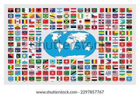 Nation Flag of Different Countries with world map vector, Collection set SVG of sovereign state flags of the Worlds with their name clipart