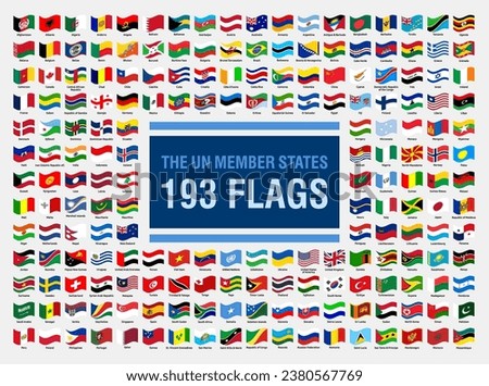 all United Nations flags of the world with their name. UN Countries Waving flag vector design.