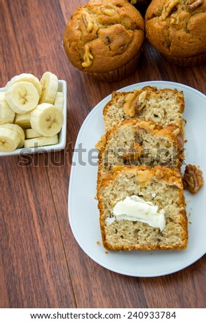 fresh banana nut bread with walnuts and butter