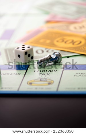 February 8, 2015 - Houston, TX, USA.  Monopoly game board with car on Luxury Tax