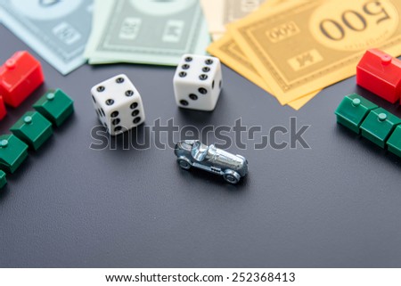 February 8, 2015 - Houston, TX, USA.  Monopoly car, dice, money, hotels and houses