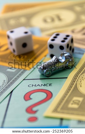 February 8, 2015 - Houston, TX, USA.  Monopoly game board with car on Chance