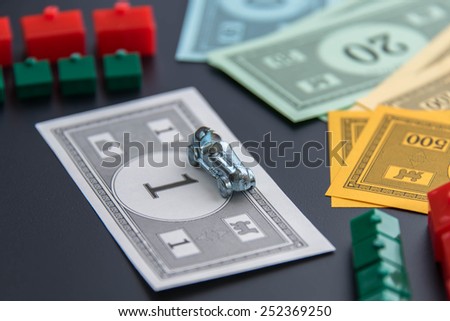 February 8, 2015 - Houston, TX, USA.  Monopoly car, money, hotels and houses