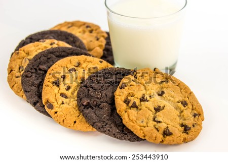 chocolate chip and chocolate cookies around a glass of milk