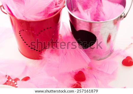 Valentines Day decorations, pink feathers and heart shaped candies