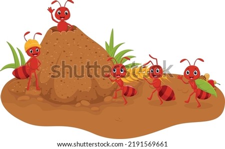 Cartoon ants colony working together bringing food to ant hill