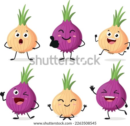 Cute red onion cartoon characters set