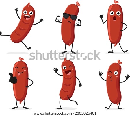 sausage cute cartoon character set isolated on white background