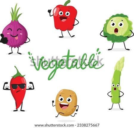 Cartoon funny Vegetable, potato, red peppers, cabbage, onion, chili and asparagus, set of Cute characters, Isolated on white background