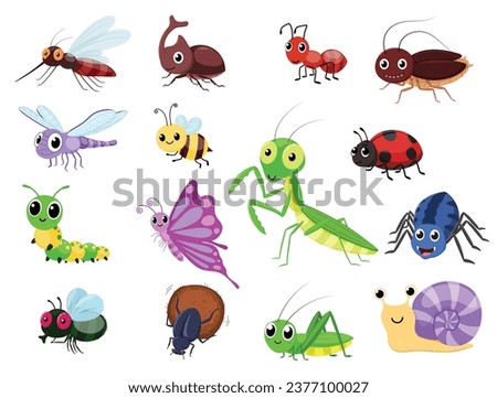 Insects cartoon collections, cute butterfly, ant, fly, bugs, bee, dragonfly, spider, ladybug, grasshopper, caterpillar, worm, snail and beetle