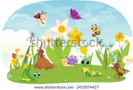 Cartoon Insects in the garden, snail, bees, ladybug, grasshopper, dragonfly, caterpillar and ant 