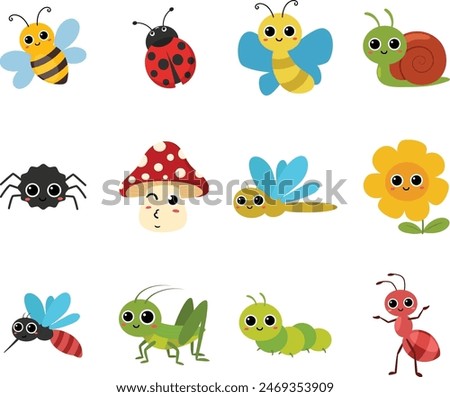 Cute bugs and insects cartoon characters, bumblebee, ladybug, ant, caterpillar, snail, spider, bee, dragonfly, grasshopper, mosquito, butterfly