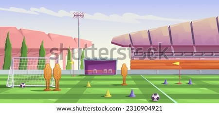 Sports training complex. Stadium building, lighting tower, canopy with bench, soccer field for training. Sports equipment, goal, ball, cone, corner flag, training dummy. Vector cartoon illustration.