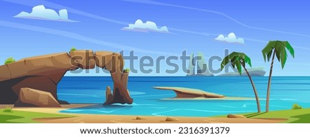 Tropical seascape, sea bay with a rock in the shape of an arch. Sandy shore, beach with palm trees, sandbar with a rock. Lagoon, atoll, abandoned bay, adventure, journey.Vector cartoon illustration.