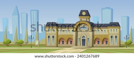 Student campus, university building or city hall. 20th century building, clock tower. City park with green trees and lawn, street lights and path. City buildings on the horizon. Vector cartoon