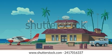 Airport building with control tower on the tropical coast. Runway, light tower, single engine airplane, boxes and luggage. Cargo delivery, passenger air transportation, infrastructure. Vector cartoon