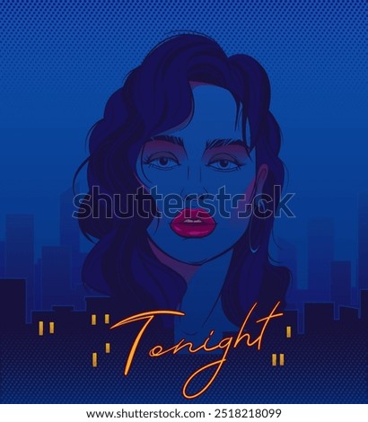 Woman's face against the background of a night city. Young woman with a lush hairstyle and makeup. Hand drawn, pop art background, comic books poster. High contrast background with bubbles.