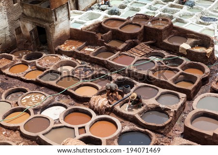 THES, MOROCCO - MAY 31, 2013: Photo of Leather tanning and dyeing Shuara.