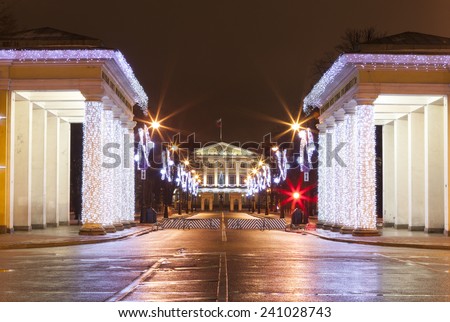 Propileyah colonnade and central portico Smolny evening, with Christmas decorations. St. Petersburg.