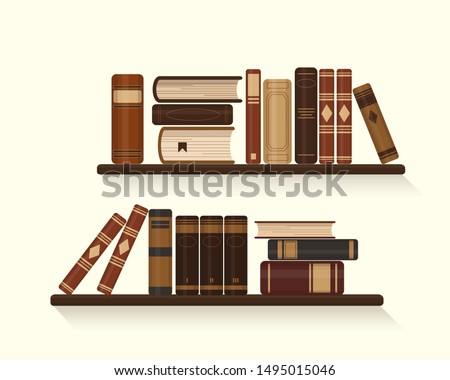 Two bookshelves with old or historical brown books. Vector illustration. 