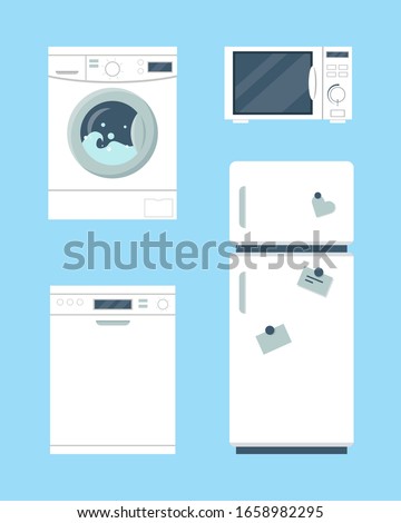 Household appliances set. Refrigerator,  washing machine, dishwasher machine and microwave on blue background. Vector illustration.