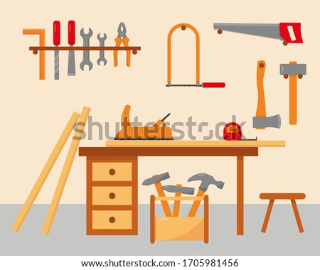 Woodwork Interior and tools. Carpenter workplace.