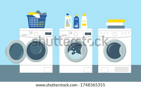 Washing and drying machines with powder and cleanser, basket with dirty clothes to wash. Flat vector illustration.