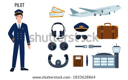 Pilot character and set of elements for his work. Profession people concept. Vector illustrations isolated on white background.