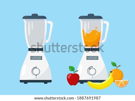 Blender and working blender with fruit. Vector illustration on blue background.