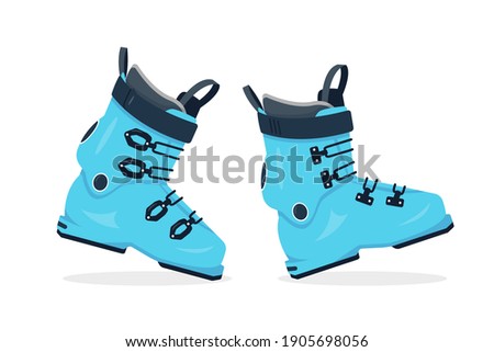 A pair of shoes for skiing isolated on white background. Winter sport accessories icon. Blue ski boots vector illustration.