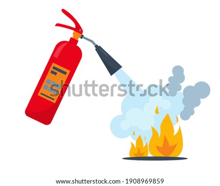 Red fire extinguisher and burning fire
