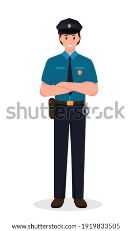 Police officer in uniform standing in front view. Profession people concept. Job at police station. Policeman vector character illustration isolated on white background.