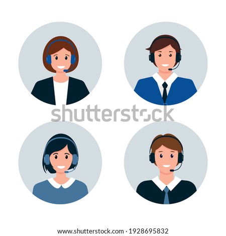 Call center or Customer Service avatars. Male and female characters in headphones. Help, Support and Contact service icons vector illustration.