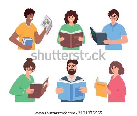 Set of eading people with paper books. Book lovers, readers, literature fans or students isolated on white background. Education, knowledge flat or cartoon vector illustration.