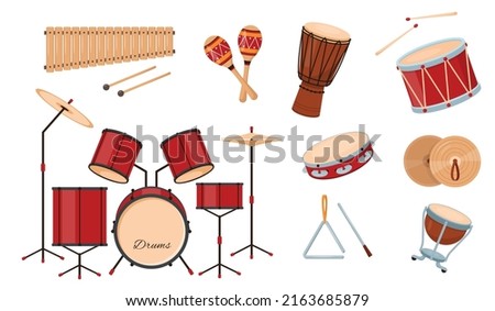 Big set of prcussion musical instruments icons isolated on white background. Drums, cymbals, maracas, tambourine, triangle and xylophone. Vector illustration in flat or cartoon style.