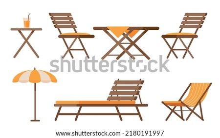 Set of furniture for summer patio. Restaurant or cafe wooden table, chairs, deck chair and umbrella for beach holiday. Vector illustration isolated on white background.
