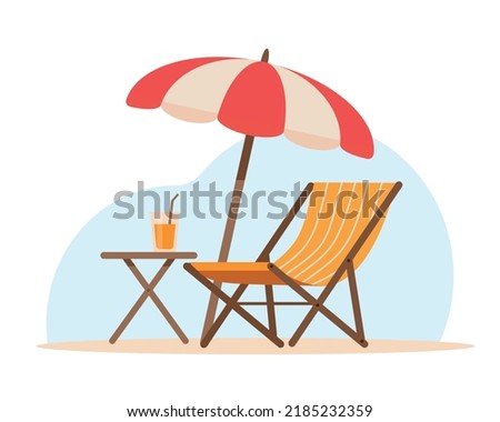 Summer patio furniture. Restaurant or cafe wooden table with chair and beach umbrella for holiday. Vector illustration isolated on white background.