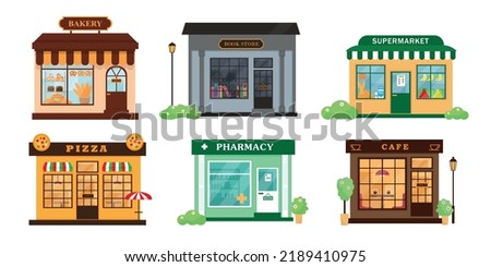 Set of city buildings. Book store, cafe, pharmacy, bakery, pizzeria and supermarket exterior. Vector illustrations isolatad on white background.