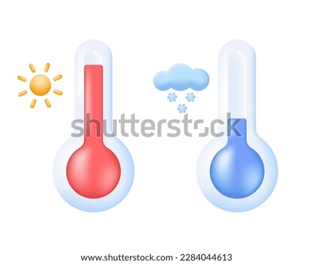 3D Thermometers icons. Measure hot and cold temperature, forecast, climate and meteorology concept. Vector illustration on white background.