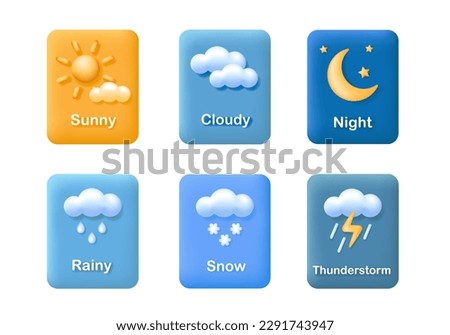 Weather forecast website or mobile app icon set. Sun, moon, clouds, fog, rain and snow. Climate Meteorology Vector illustrations isolated on white background.