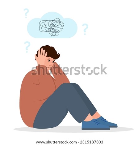 Sad unhappy man character. Bankruptcy, crisis, burnout syndrome, relationship trouble concept. Depression, Stress, Mind Health Problem. Vector illustration isolated on white background.