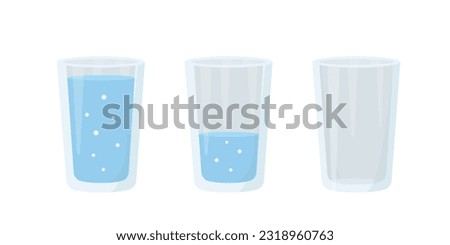 Glasses for drinks. Glass full of water, half filled and empty glass. Vector illustration isolated on white background.