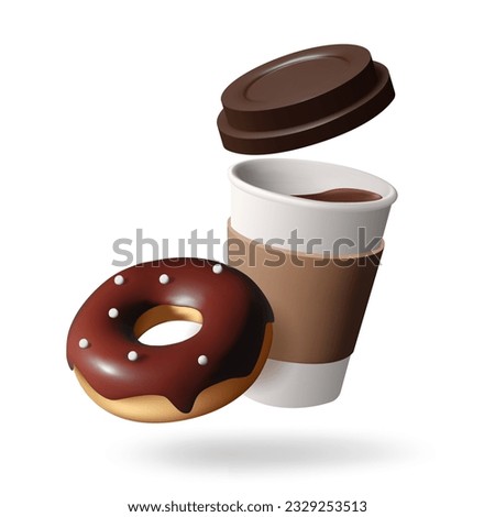 3d Papper coffee Cup with coffee and chocolate donat. Takeaway coffee or tea to go or delivery food concept. Vector illustration isolated on white background.