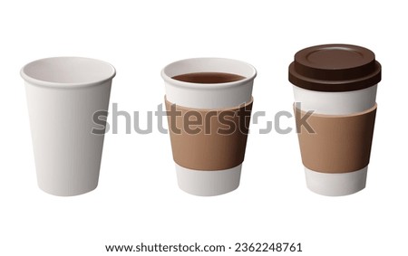 3d Papper coffee Cups set. Empty cup, cup with coffee and with plastic lid. Takeaway coffee or tea to go or delivery concept. Vector illustration isolated on white background.