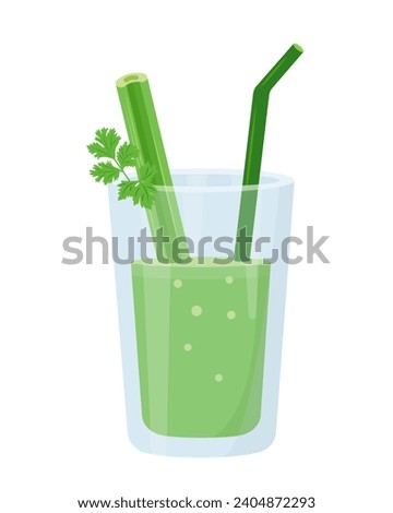 Fresh green Celery juice in glass. Weight loss diet smoothie. Detox cocktail for healthy dieting. Celery stalk and juice icon. Vector illustration isolated on white background.