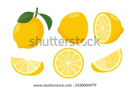 Fresh green lemon set. Whole lemon fruit with leaves, lemons slices and cut lemon. Organic fruits for lemonade juice or vitamin C healthy food. Vector illustration isolated on white background.