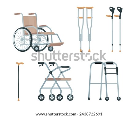 Set of equipment for disabilities or elderly and social adaptation. Wheelchair, Walkers, Crutches and walking sticks. Medicine rehabilitation in clinic and hospital. Vector icons illustration.